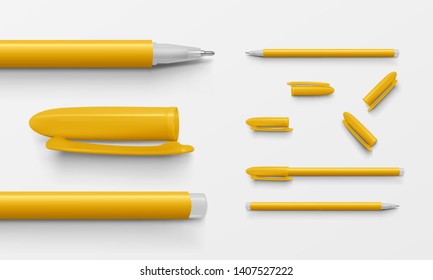 Set of yellow colored office pens and caps in horizontal position, realistic vector illustration