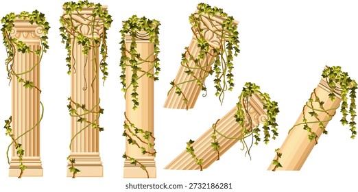 Satz gelber Säulen mit Lianazweigen und tropischen Blättern. Isolierte Cartoon-Säulen für Fassade dekoriert Efeu, Kriecher im Stil der Provence. Vektorobjekte für Computerspiele.