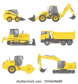 Set of yellow construction equipment and machines