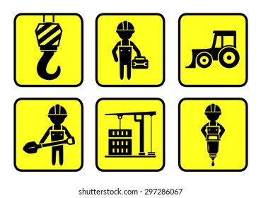 set yellow construction icons with builders and industrial equipment silhouette