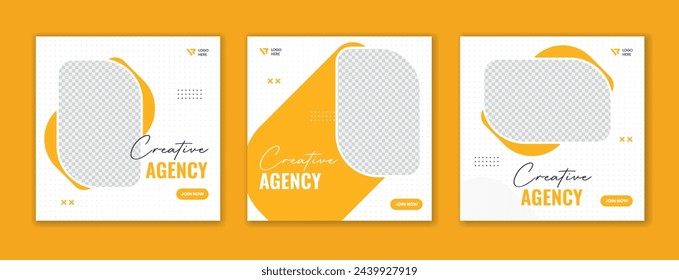 Set of yellow corporate social media post design, unique shape square template layout