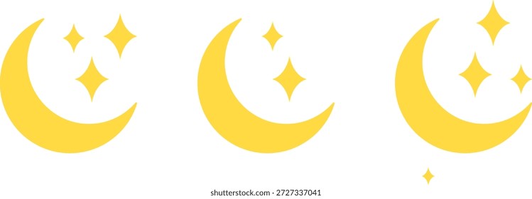 Set of Yellow Crescent Moon Icons with Sparkling Stars in Minimalist Flat Style for Sleep and Night Mode UI