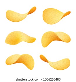 Set of yellow crispy chips isolated on white background, different shape pieces of potato snack, vector illustration