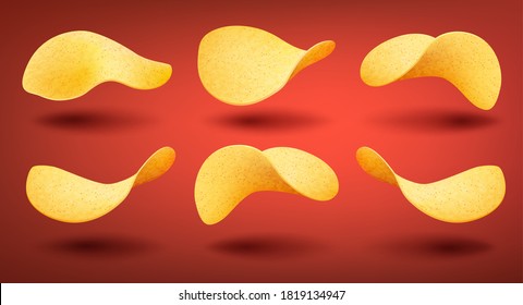 Set of yellow crispy chips isolated on red with shadow background, different shape pieces of potato snack, vector illustration