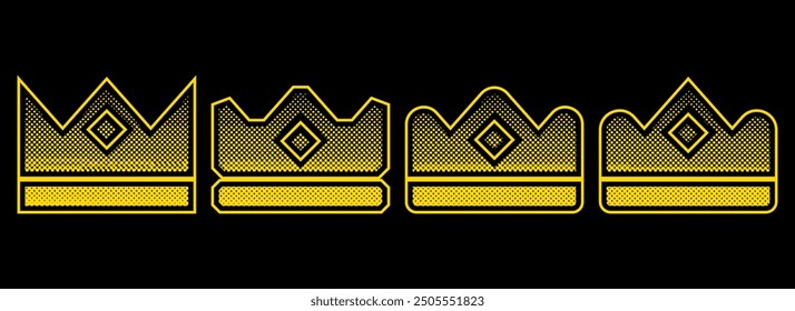 Set of yellow crowns with halftone effect. Black dots and pop art texture. Retro vector illustration