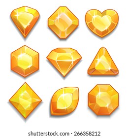 Set of yellow crystals with different shapes, isolated vector on white