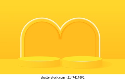 Set of yellow, cylinder pedestal podium. Emboss ring shape with pastel color backdrop. Abstract vector rendering 3d shape. Cosmetic product display presentation. Minimal wall scene.