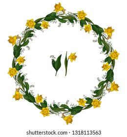 Set with yellow daffodils and lily-of-the-valley. Round frame and spring flower elements on white background. Romantic floral elements for season greeting cards, posters, advertisement
