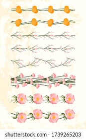 Conjunto de dientes de león amarillo, peonía, flor de cerezo, rama floral rosa sin fisuras sobre fondo color beige claro texturado. Impresión de cinta vectorial botánica.