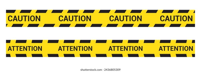 set of Yellow danger barricade tape with black diagonal stripes and text "CAUTION AND ATTENTION" Vector template of seamless warning, caution ribbon for construction works or crime scene