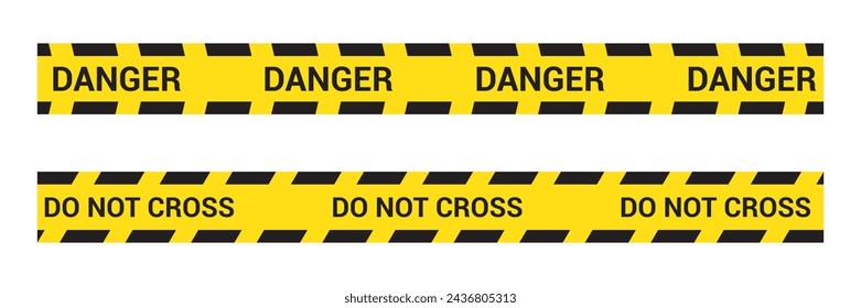 set of Yellow danger barricade tape with black diagonal stripes and text "Danger and DO NOT CROSS" . Vector template of seamless warning, caution ribbon for construction works or crime scene