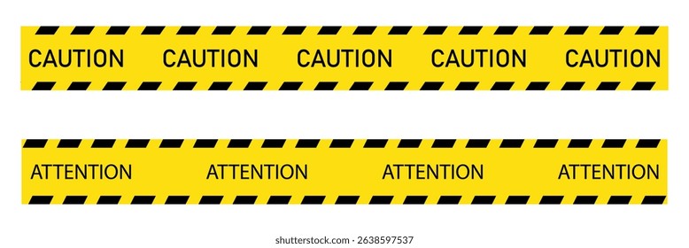 Set of Yellow danger barricade tape with black diagonal stripes and text "CAUTION AND ATTENTION" Vector template of seamless warning, caution ribbon for construction works or crime scene . EPS 10 .