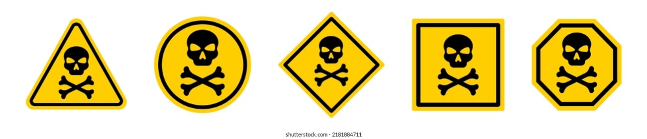 Set of yellow danger signs from skull and bones. Danger, toxic, warning sign. Hazard deadly zone.