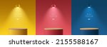 Set of yellow, dark blue, red and wood realistic 3d cylinder stand podium in abstract rooms with hanging neon lamps. Stage showcase, Product display. Vector rendering geometric forms. Minimal scene. 