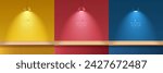 Set of yellow, dark blue, red and wood realistic 3d podium shelf stand in abstract rooms with hanging neon lamps. Stage showcase, Product display. Vector rendering geometric forms. Minimal scene. 