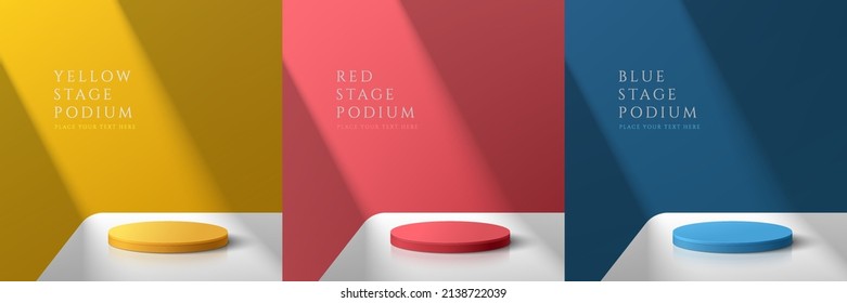 Set of yellow, dark blue and red realistic 3d cylinder pedestal podium on white table in abstract rooms. Vector rendering geometric forms. Colorful minimal scene. Stage for showcase, Product display. - Shutterstock ID 2138722039