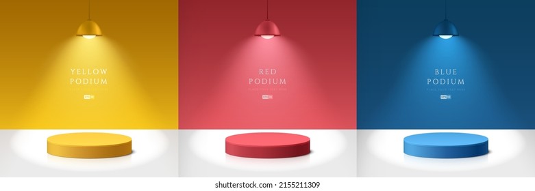Set of yellow, dark blue and red realistic 3d cylinder pedestal podium in abstract rooms with hanging neon lamps. Vector rendering geometric forms. Minimal scene. Stage for showcase, Product display.