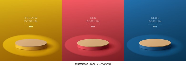 Set of yellow, dark blue, red and wood realistic 3d cylinder pedestal podium in abstract rooms with shadow overlay. Stage showcase, Product display. Vector rendering geometric forms. Minimal scene. 