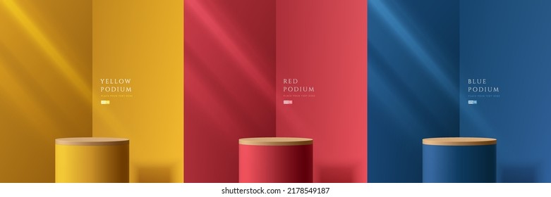 Set of yellow, dark blue, red and wood realistic 3d cylinder stand podium in abstract rooms with window lighting. Stage for showcase, Product display. Vector rendering geometric forms. Minimal scene. 