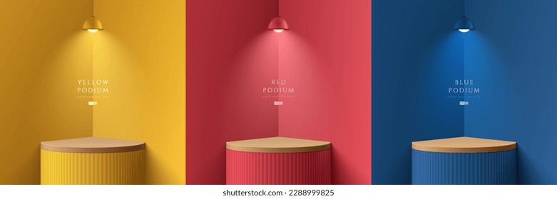 Set of yellow, dark blue, red realistic 3d cylinder stand podium in corner rooms with hanging neon lamps. Stage showcase, Product display. 3D Vector rendering geometric forms. Abstract minimal scene. 