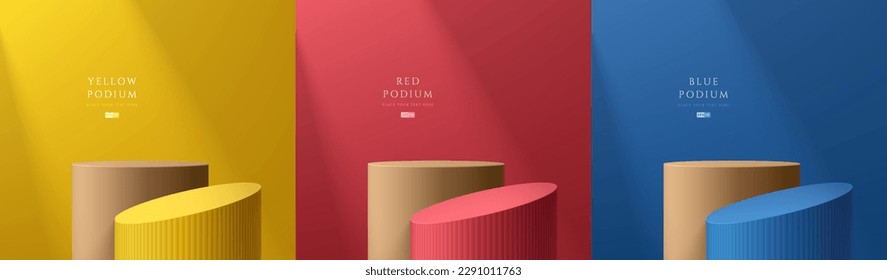 Set of yellow, dark blue, red and brown wood realistic 3d cylinder stand pedestal podium in studio rooms. Minimal mockup empty product display. Abstract vector 3D rendering. Round stage for showcase.