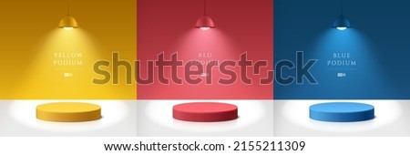 Set of yellow, dark blue and red realistic 3d cylinder pedestal podium in abstract rooms with hanging neon lamps. Vector rendering geometric forms. Minimal scene. Stage for showcase, Product display.