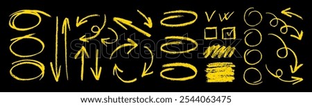 Set of yellow design element drawn by chalk on black background. Collection of vector grunge arrows and ellipse. Vector horizontal chalk elements for notes.