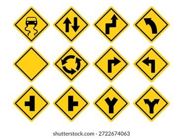 Conjunto de señales de advertencia de tráfico de diamante amarillo, incluida la rotonda e intersección de la carretera resbaladiza. Iconos del vector de la seguridad vial colección en el fondo blanco.