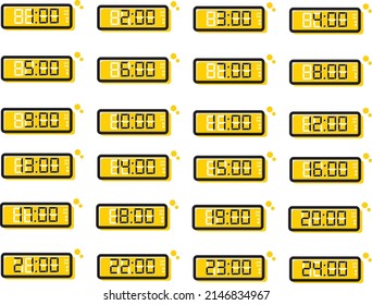 A set of yellow digital clocks tell the hourly time