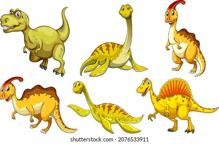 Set of yellow dinosaur cartoon character illustration