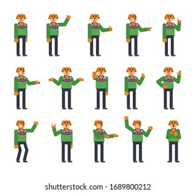 Set of yellow dog characters showing various hand gestures. Cheerful dog pointing, greeting, showing thumb up and other gestures. Flat design vector illustration