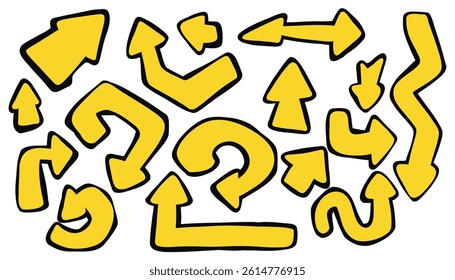 Set of yellow doodle arrows. Hand-drawn sketch-style curved and straight pointers. Fun and playful elements for notes, highlights, infographics, and creative designs.