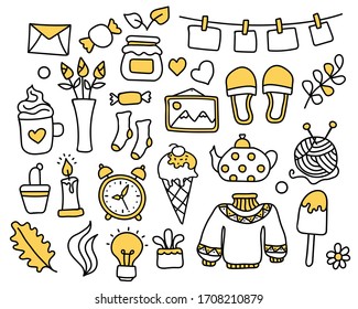 Set of yellow doodle cozy elements. Vector illustration.