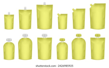 Set of yellow doypack packaging with screw cap. Blank foil drink bags pouches with spout. Ketchup, mayonnaise or mustard. Stand up doy pack mock up set. Cosmetic refill. Fruit puree, baby food