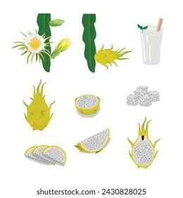 Set von Gelben Drachen Frucht flachen Vektor isoliert auf weißem Hintergrund. Ganze und in Scheiben geschnittene Drachenfrucht. Pitaya. Tropische Früchte.