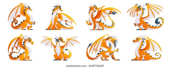 Set of yellow dragons. Large brutal dragon with wings. Yellow, blue and white color.