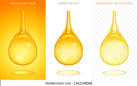 Set of yellow drops. 3d realistic vector droplets with a different golden tints. Icons of juice, honey, oil, beer, tincture, energy drink. Perfect details. Gradient meshes with a various transparency