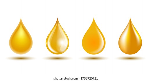 Conjunto de gotas amarillas aisladas sobre fondo blanco. Ilustración vectorial de gasolina, aceite de cocina, miel, símbolo de líquidos naturales.