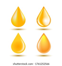 Set of Yellow Drops isolated on white background. Vector illustration of petrol, cooking oil, honey, natural liquids symbol.
