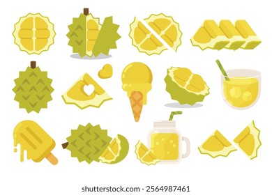 Set of Yellow Durian, Farm fresh Durian product emblem for grocery shop, collection of ice cream, Juice jar, glass of juice, ice cream cone and stick, simple flat vector illustration of fruits.