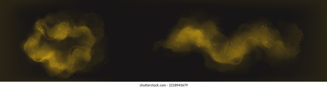 Set of yellow dust clouds isolated on black background. Magic fairy or flower pollen sparkling. Golden mist or smoke flying in air, creating Christmas mystery atmosphere. Realistic vector illustration