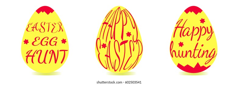 A set of yellow easter eggs decorated with red text