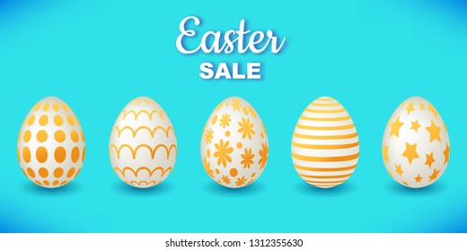 Set of yellow easter eggs isolated on blue background for your design.Vector illustration.