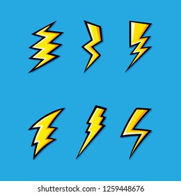 Set of Yellow Electric Lightning Bolt icons with shading effects on blue background. Vector illustration.