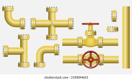 Conjunto de elementos amarillos de la tubería. Industria del gas y el petróleo. Ilustración vectorial. Eps 10.