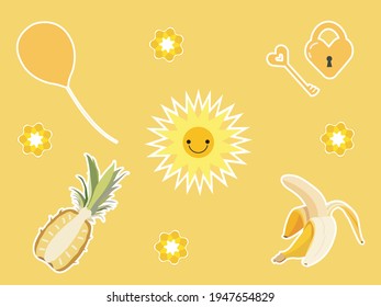 Set of yellow elements in summer style. Outlined stickers.