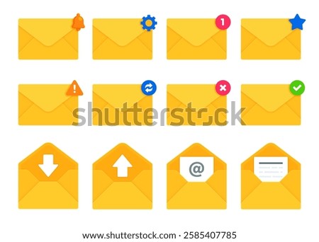 Set of yellow email and message envelope icons with notification, status symbol. Digital communication, e-mail client, inbox management concept. Flat vector illustration isolated on white background