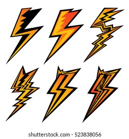 Set of yellow emblems of lightning. Set of lightning signs 