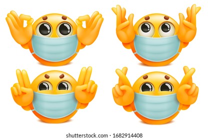 Set of yellow emoj cartoon characters in medical mask. Various gestures. Vector illustration