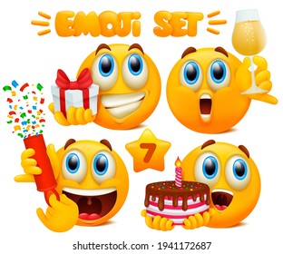 Set of yellow emoji cartoon characters with different facial expressions in glossy 3D realistic style isolated in white background. Birthday party concept. Vector illustration